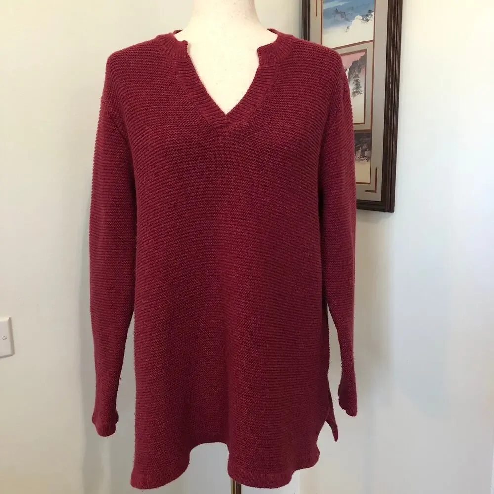 Norm Thompson Tunic Knit Sweater‎ PL Burgundy Textured Holiday Quiet Luxury 90s